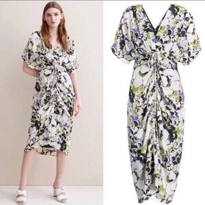 Lewit midi length ruched front short sleeve v-neck silk floral summer dress